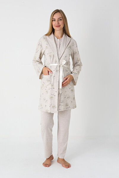 ERDENİZ TEKSTİL Long Sleeve Combed Cotton Maternity Pajamas and Robe Set Maternity Set 3-Piece Set