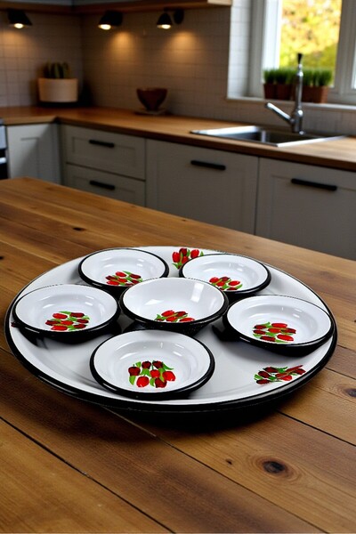 İnci Emaye 7 Piece Batdal Boy Enamel Breakfast Set, Presentation Plate, Breakfast Plate, Jam Bowl, Dowry