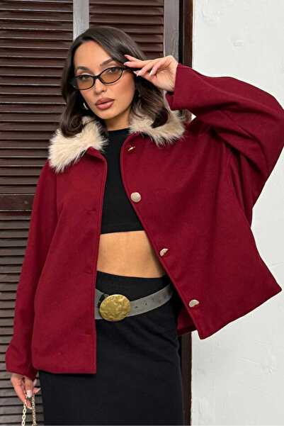SUN STYLE Stylish Brown Cashmere Fabric Fur Collar Women's Jacket | Buttoned and Lined Winter Coat