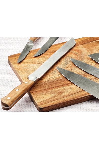 BJORN IMATRA knife holder + Set of 6 JAKOB kitchen knives, satin stainless steel blade, acacia wood handle