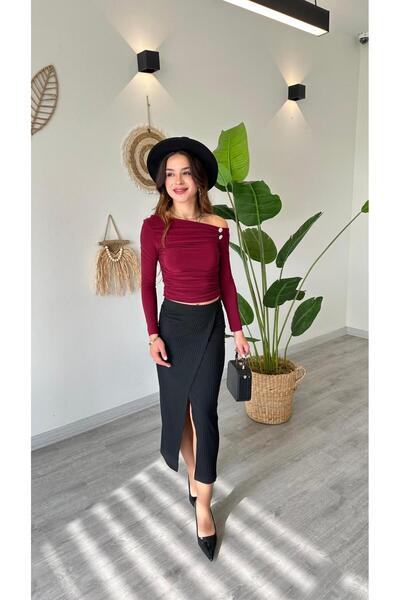 modadagiyim Burgundy Boat Neck Low Sleeve Stone Detailed Long Sleeve Very Stylish Blouse