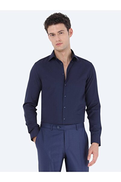 Kip Cămașă clasică din amestec de bumbac, albastru bleumarin, slim fit