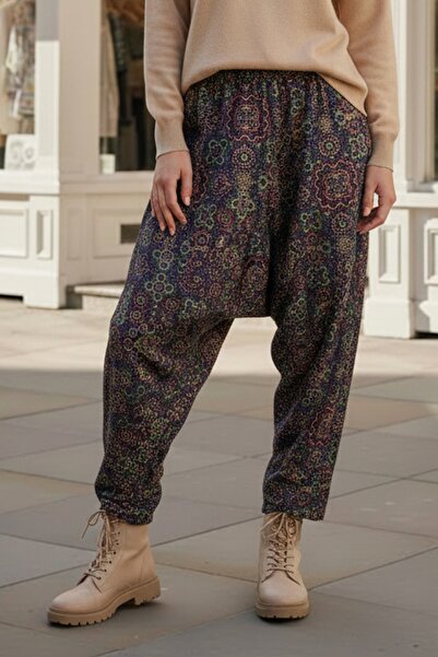Chiccy Navy Blue-Green Ethnic Patterned All-Over Printed Elastic Waist Baggy Leg Woven Baggy Trousers 105 60