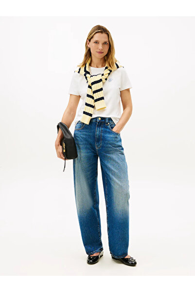 Tommy Hilfiger Women's Brand Logo Detailed Striped Regular Fit Short Sleeve White T-Shirt Ww0Ww47809-Ybl