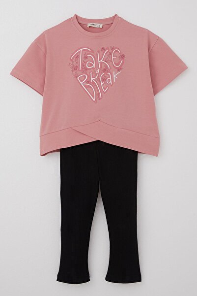 Breeze Girl's Capri Leggings Set with Cross Detail Lettering Printed 8-14 Years Old, Dusty Rose