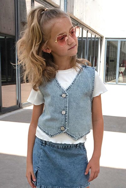 Breeze Γιλέκο για κορίτσια τζιν με κουμπιά που κλείνει με λαιμόκοψη σε σχήμα V 4-14 ετών, γαλάζιο