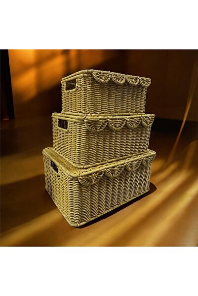 MİEN 3’lü Dikdörtgen Kapaklı Rattan Sepet Seti – Doğal, Şık ve Çok Amaçlı Sak...