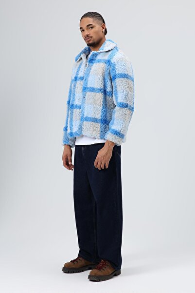 VAMOSCLO Oversized plush plaid jacket blue