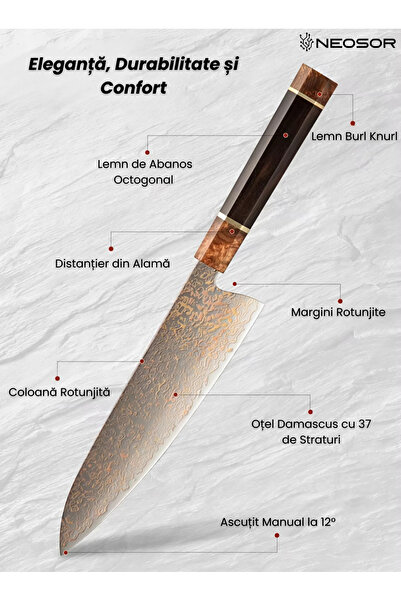 NEOSOR Professional VG10 Damascus Knife, 37 Layers, 60+ HRC Hardness, Octagonal Japanese Handle, Ebony Wood