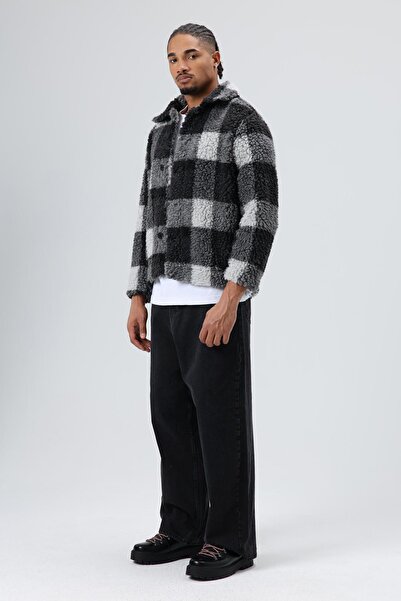 VAMOSCLO Oversized Plush Plaid Jacket Black