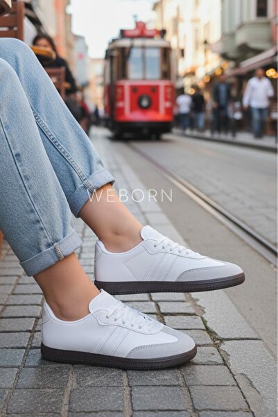 WEBORN Γυναικεία αθλητικά παπούτσια από συνθετικό δέρμα με ελαφριά άνετη σόλα σε λευκό γκρι λευκό ριγέ