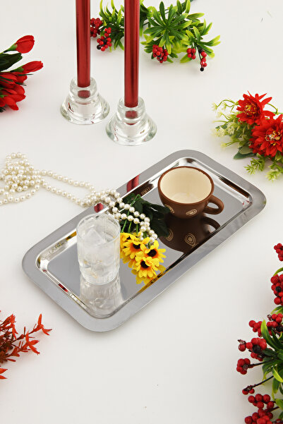 AKSESUAR EVRENİ Dalin Silver Rectangular Stainless Steel Single Tea Coffee Serving Presentation Tray