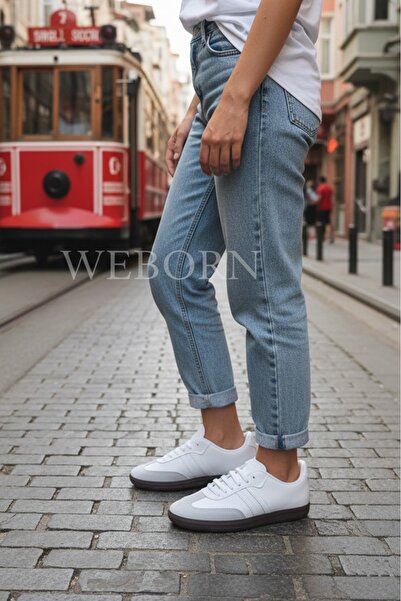 WEBORN Γυναικεία αθλητικά παπούτσια από συνθετικό δέρμα με ελαφριά άνετη σόλα σε λευκό γκρι λευκό ριγέ