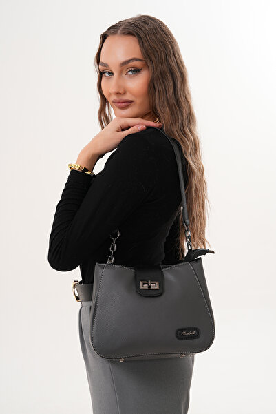 Morpelikan Geantă de umăr pentru femei, cu trei compartimente, cu închidere cu blocare, cu curea reglabilă pentru umăr și curea încrucișată, de culoare gri închis.