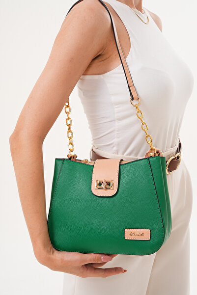 Morpelikan Women's Three-Compartment Lock Closure Adjustable Shoulder and Crossbody Strap Green Shoulder Bag