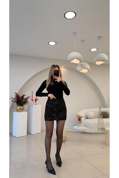 Şulenin Butiği SİYAH PAYETLİ MİNİ ETEK