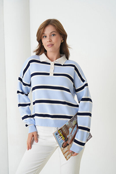 Park Karon Women's Polo Neck Striped Soft Textured Oversized Knitwear Sweater