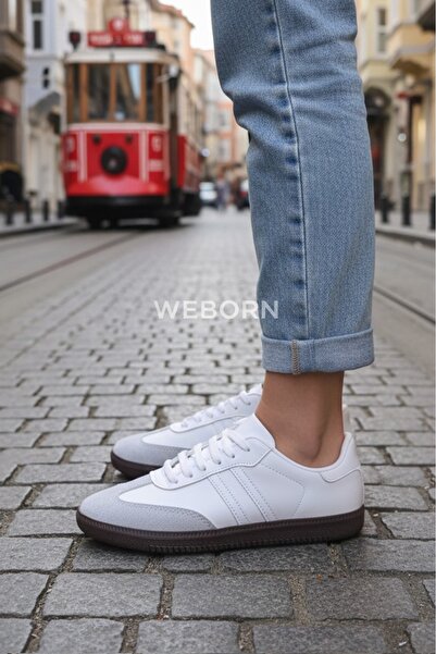 WEBORN Γυναικεία αθλητικά παπούτσια από συνθετικό δέρμα με ελαφριά άνετη σόλα σε λευκό γκρι λευκό ριγέ