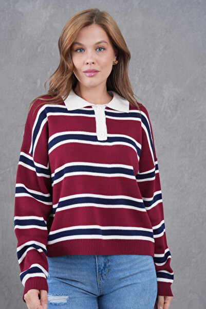 Park Karon Women's Polo Neck Striped Soft Textured Oversized Knitwear Sweater