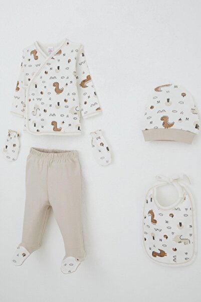Breeze Baby Boy Hospital Release 5-Piece Set Nature-Themed Cute Little Dinosaur Patterned 0-3 Months, Ecru
