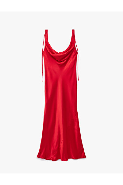 Koton Sleeveless Degaje Collar Viscose Blended Satin Long Evening Dress