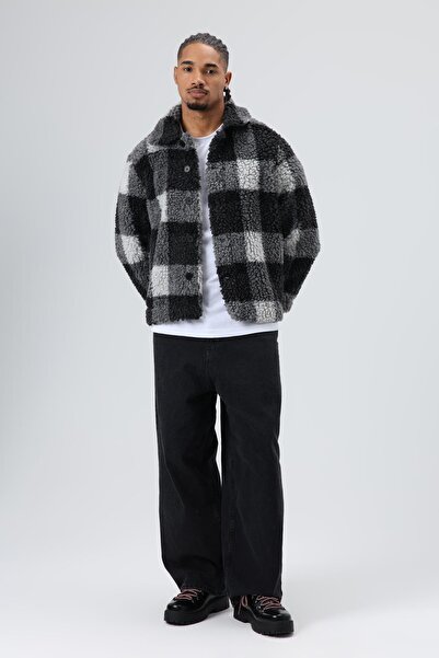 VAMOSCLO Oversized Plush Plaid Jacket Black