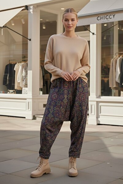 Chiccy Navy Blue-Green Ethnic Patterned All-Over Printed Elastic Waist Baggy Leg Woven Baggy Trousers 105 60