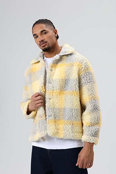 VAMOSCLO Oversized plush plaid jacket yellow