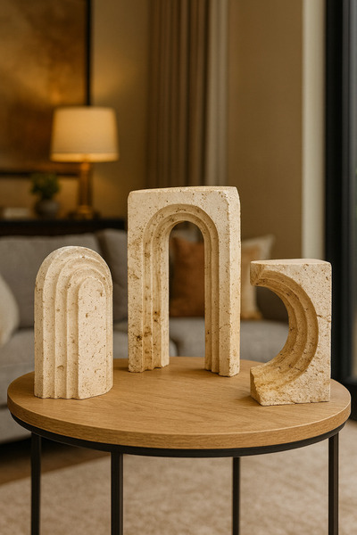 İSHTAR DEKOR DEKORATİF 3'LÜ ANTİK OBJE - TRAVERTEN RENK