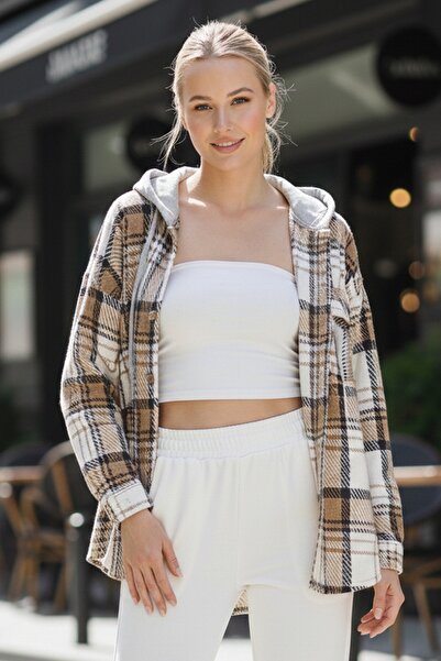 Chiccy Coffee-White Hooded Long Sleeve Lumberjack Plaid Button Pocket Woven Shirt 68 65