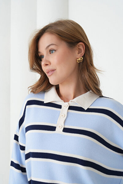 Park Karon Women's Polo Neck Striped Soft Textured Oversized Knitwear Sweater