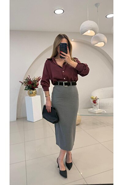 Şulenin Butiği KEMERLİ KUMAŞ KALEM ETEK GRİ