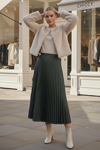 Chiccy Χακί φούστα με πλισέ ελαστική μέση casual από συνθετικό δέρμα μακριά υφαντή φούστα 95 60