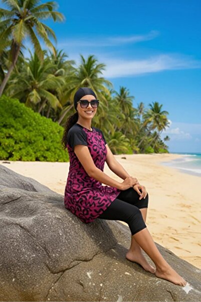 YUYİ Tesmay Plus Size Short Sleeve Women's Tight Swimsuit