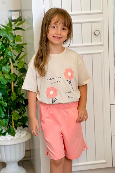 Breeze Girl's Shorts Set Knitted Floral Embroidered 6-12 Years Old, Beige