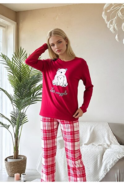 CARLA MARA Plaid Teddy Bear Printed Red Pajama Set