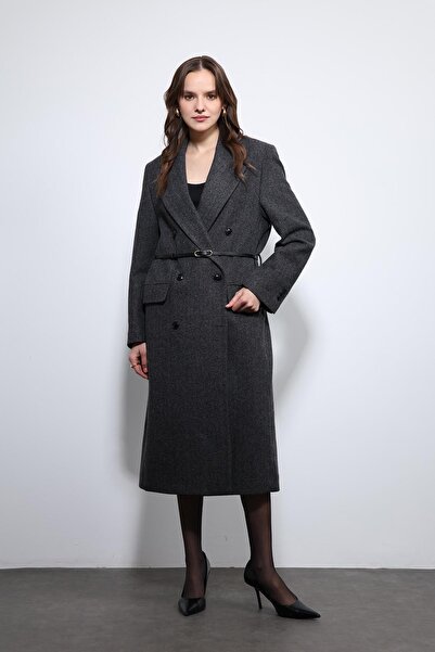 Antioch Anthracite Herringbone Patterned Belted Coat