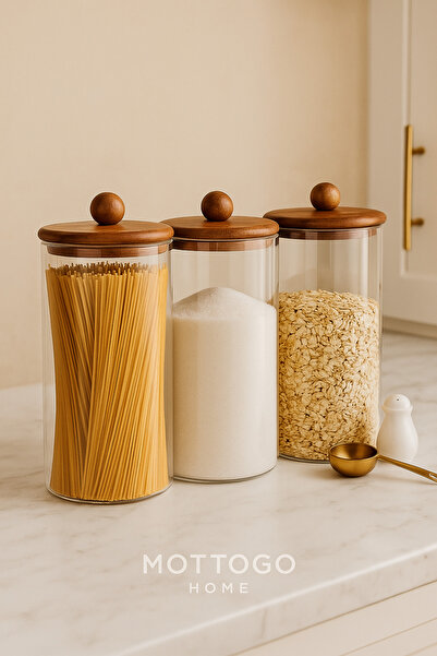 Mottogo 3-Piece Acacia Lid Glass Storage Container – Large Size Kitchen Jar – 1555 ml