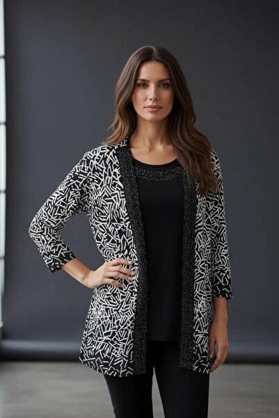 bluzzen Model geometric cu părți interioare și exterioare, cu margini cu piatră, model confortabil, alb-negru, set de 2 piese pentru mamă