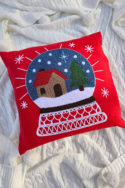 Sevim Husă pentru pernă roșie brodată cu tematică de Anul Nou-Sferă de zăpadă-43x43 cm