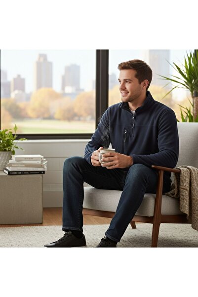 GÖMLEK GALERİSİ سويت شيرت ياقة مرتفعة متوسطة الطول من الصوف ذو فتحة رقبة عادي...