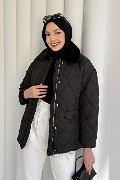 Modaensarbutik Yakası Kürklü Kapitone Şişme Mont-SİYAH