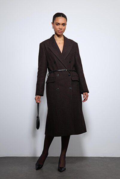 Antioch Brown Herringbone Patterned Belted Coat