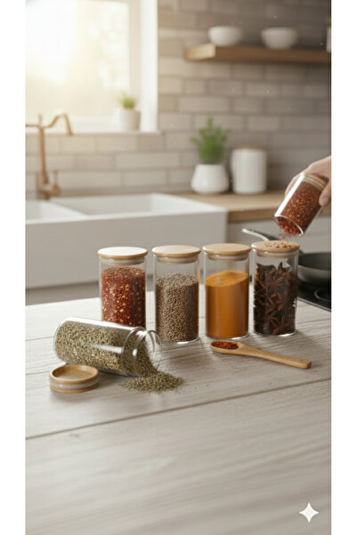 nagihome Organik 6’lı Cam Baharatlık Seti–6x12- Bambulu Kapaklı, Hava Korumal...