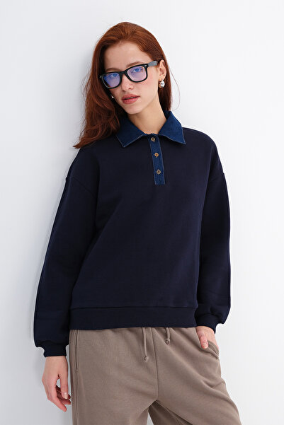 Addax Denim Collar Fleece-Lined Sweatshirt S17739
