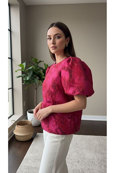 Eight Fashion Women's Jacquard Shiny Ruched Elasticized Balloon Sleeve Blouse