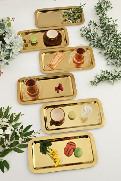 AKSESUAR EVRENİ Dalin Gold Dikdörtgen Paslanmaz Çelik 6'lı Takım Çay Kahve Servis Sunum Tepsisi