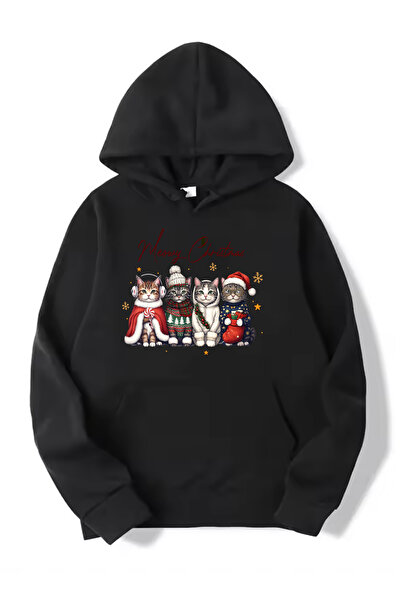 SUNFREE New Year Christmas Cat Printed Ka Hooded Black Sweatshirt