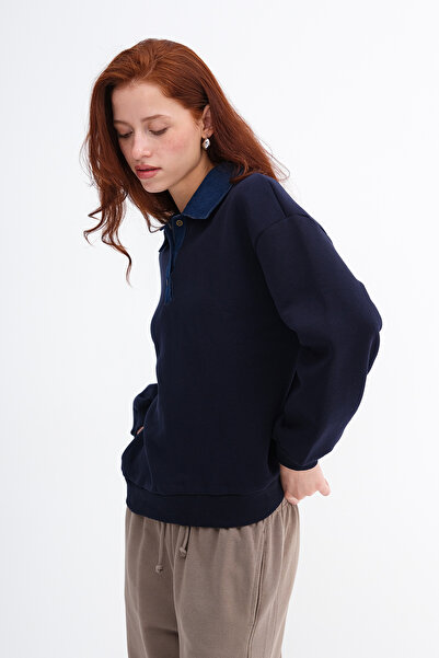 Addax Denim Collar Fleece-Lined Sweatshirt S17739