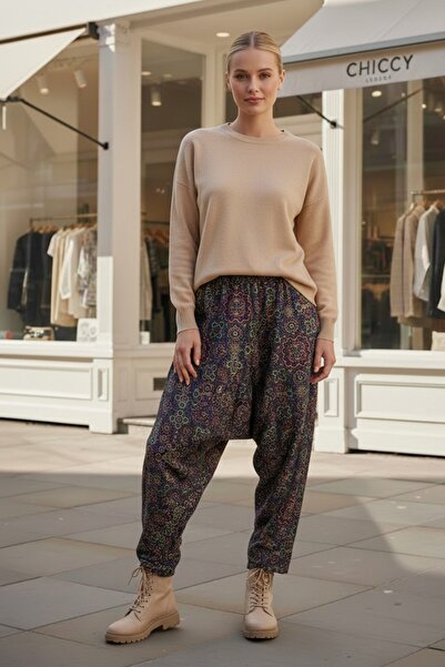 Chiccy Navy Blue-Green Ethnic Patterned All-Over Printed Elastic Waist Baggy Leg Woven Baggy Trousers 105 60